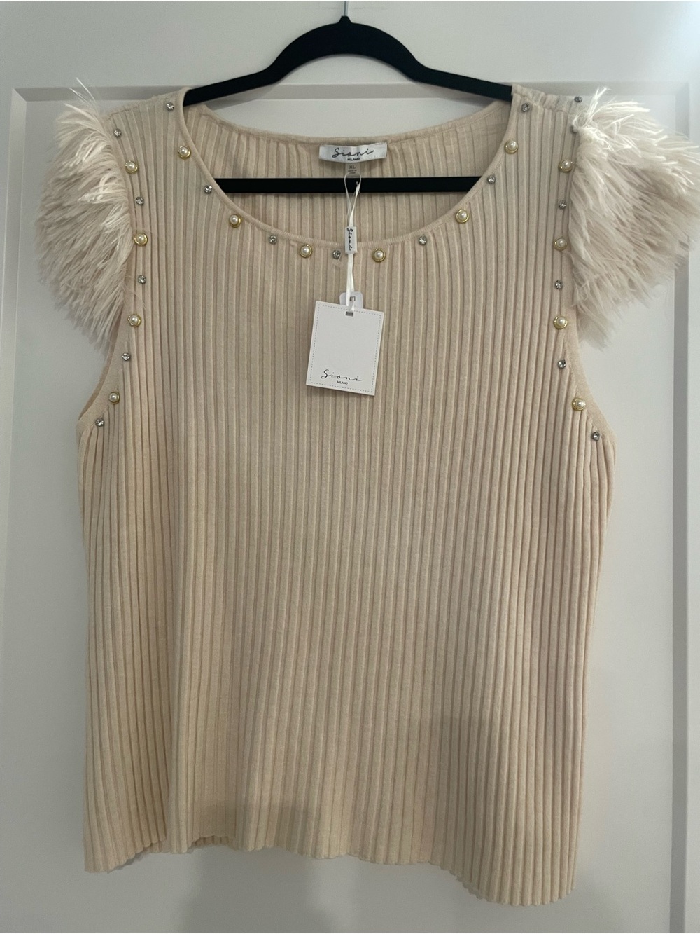 Sioni Beige Ribbed Tank with Feather Cap Sleeves and Stud Accents